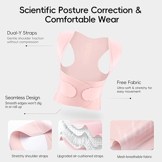 babaka Posture Corrector for Women, Invisible Lightweight Adjustable Back Brace for Upper and Lower Back Pain Relief, Hunchback, Hump, Scoliosis, Thoracic, Spine Corrector Under Clothes (Pink, Medium, Waist: 29''-35'')