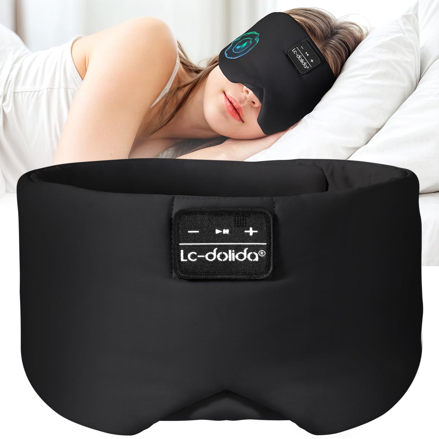 LC-dolida Sleep Mask with Bluetooth Headphones, Ice Silk Sleep Headphones with Bluetooth 5.4, Total Blackout Eye Mask for Sleeping, Soft Sleep Mask for Women Men, All Night Sleep, Travel(Black)