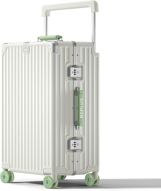 Aluminium Frame Checked-Luggage with Smooth Jelly Wheels, Hardside Zipperless Rolling Suitcase with TSA Lock (White, 24-Inch)