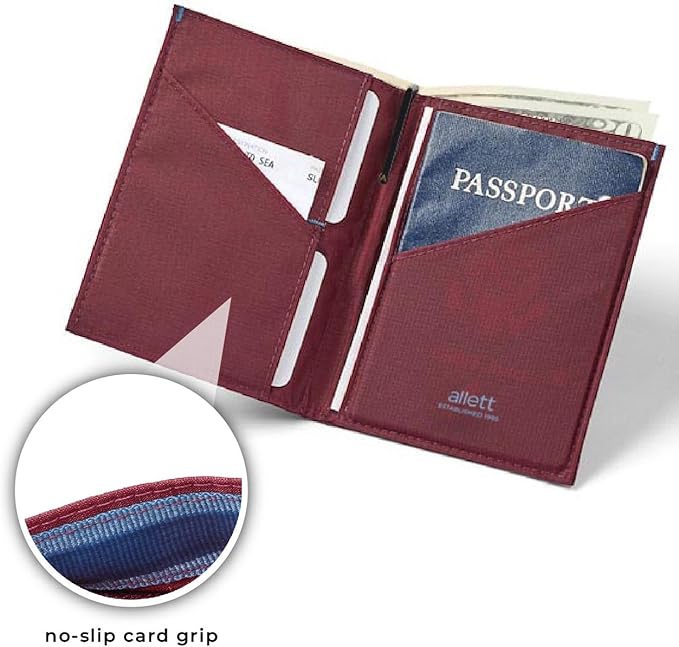 Allett Travel Wallet, Mulberry | Nylon, Thin Bifold, RFID Blocking, Minimalistic, Front Pocket | Holds Up To 10 Cards & Passport | For Men & Women