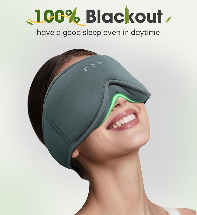 Bamboo Cotton Sleep Mask with Bluetooth Wireless Headphones - Blackout Eye Mask for Sleeping 3D Contoured Sleep Headband Ear Muffs Lengthen & Low Noise Hook for Better Experience (Grey)