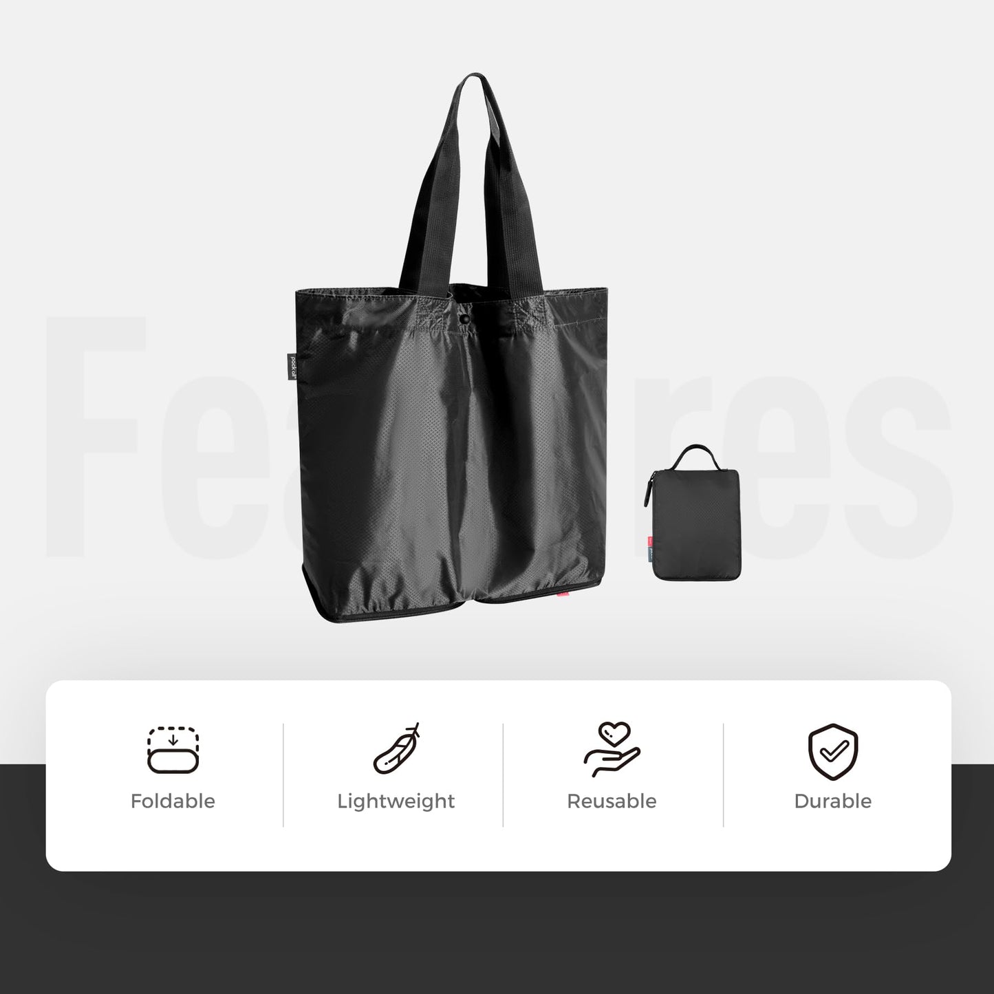 pack all 16L Lightweight Packable Tote Bag, Water Resistant Foldable Grocery Bag, Reusable Shopping Bag (Black)