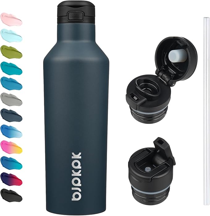 BJPKPK Insulated Water Bottle With Straw 25oz Stainless Steel Water Bottles With 2 Lids And Carry Handle Reusable Travel Metal Thermo,Navy Blue
