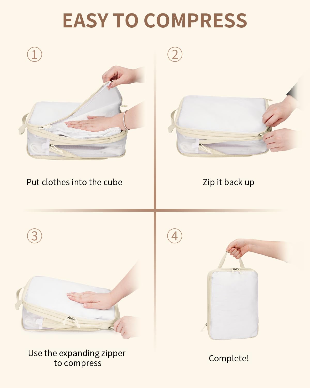 ECOHUB 6 Set Compression Packing Cubes, Lightweight Beach Vacation Travel Essentials Durable Travel Accessories for Suitcase Carry On Luggage Organizer Bags with YKK Zippers Shoe Bag, Beige