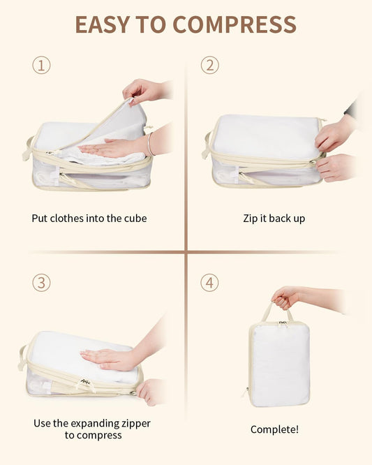 ECOHUB 6 Set Compression Packing Cubes, Lightweight Beach Vacation Travel Essentials Durable Travel Accessories for Suitcase Carry On Luggage Organizer Bags with YKK Zippers Shoe Bag, Beige
