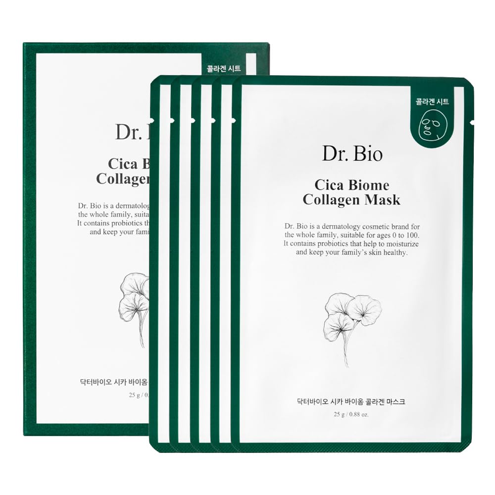 Dr.Bio Cica Biome Collagen Mask (5ea), Vegan Collagen-Coated Mask with 3x Collagen Boost for Elasticity and Firming, Skin Repairing, Radiant Skin, Anti Aging, Lifting, Hydrating, Korean Skincare