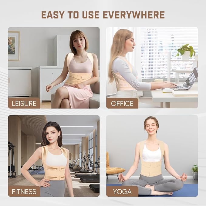 Back Brace Posture Corrector for Women & Men, Adjustable Shoulder Straightener with Full Back Support, Relief for Lower & Upper Back Pain, Hunchback & Scoliosis (Beige, Small)