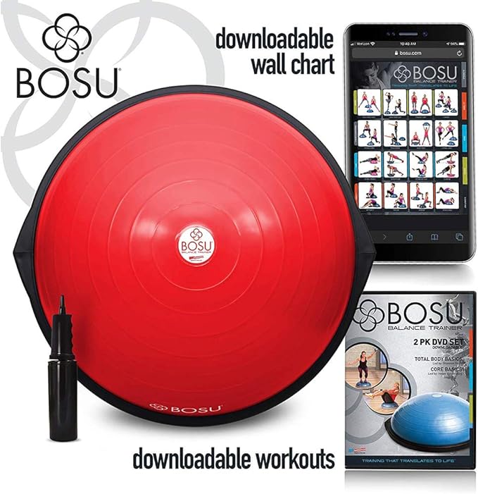 Bosu Balance Ball Exercise Trainer, Home Gym Equipment w/ Guided Workouts & Pump, 26", Blue - Inflatable Fitness Platform for Strength Training, Standing, Balancing, and Core Workout