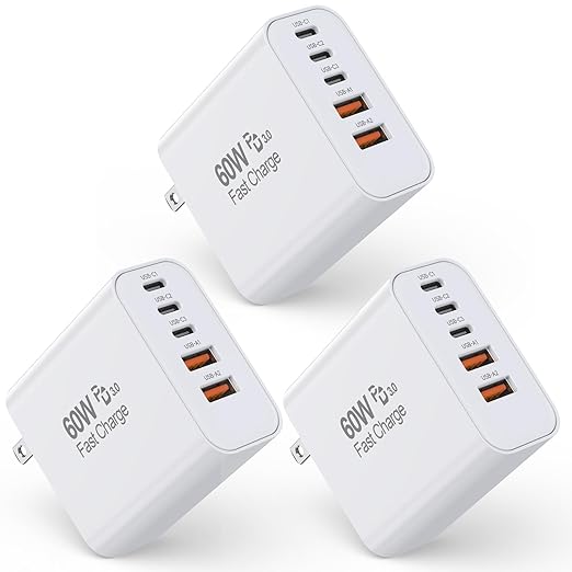 3-Pack Apple Charger Fast Charging,PD 60W 5 in 1 Multiport USB C Wall Charger Block Fast Charging, iPhone 16 Plug Wall Cube Quick Charge for iPhone16/16e/16 Pro/15Pro Max/14/13/12/11/XS/XR/SE2022,iPad