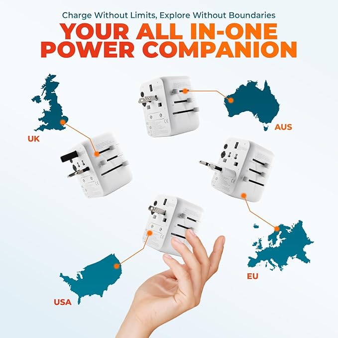 6 in 1 Universal Travel Adapter-10A | International Power Adapter with 3 USB C, 2 USB A Ports | 2500W Fast Portable Charger | Travel Adapter Worldwide Covering 200+ Countries- White