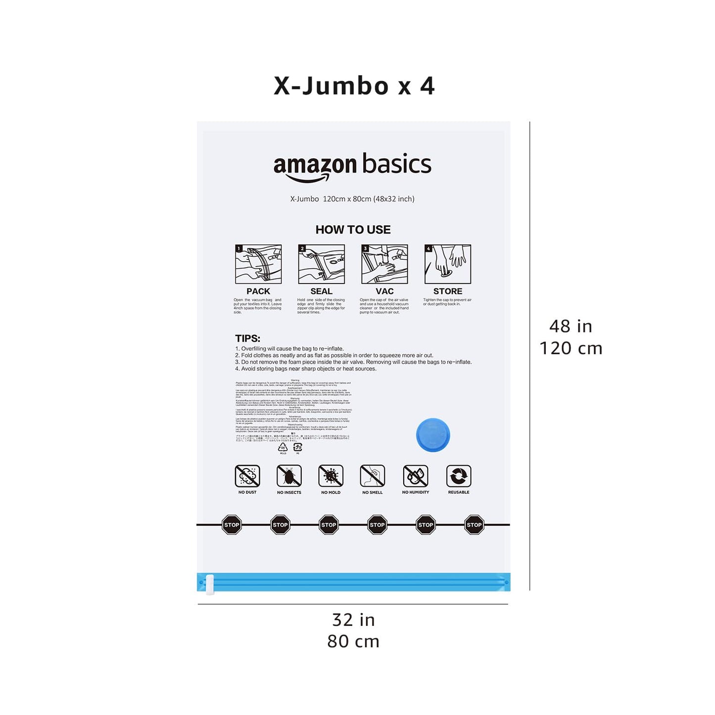 Amazon Basics Vacuum Compression Space Saving Storage Bags with Hand Pump for Clothes Packing, Ideal for Blankets, X-Jumbo Pack of 4