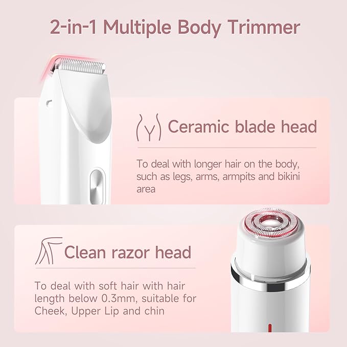 Bikini Trimmer for Women Electric Razors for Women, Double Head Dual Purpose, IPX7 Waterproof Hair Razor, Ceramic Blade Hair Trimmer Wet & Dry Use, Painless Electric Shaver for Facial and Body (White)