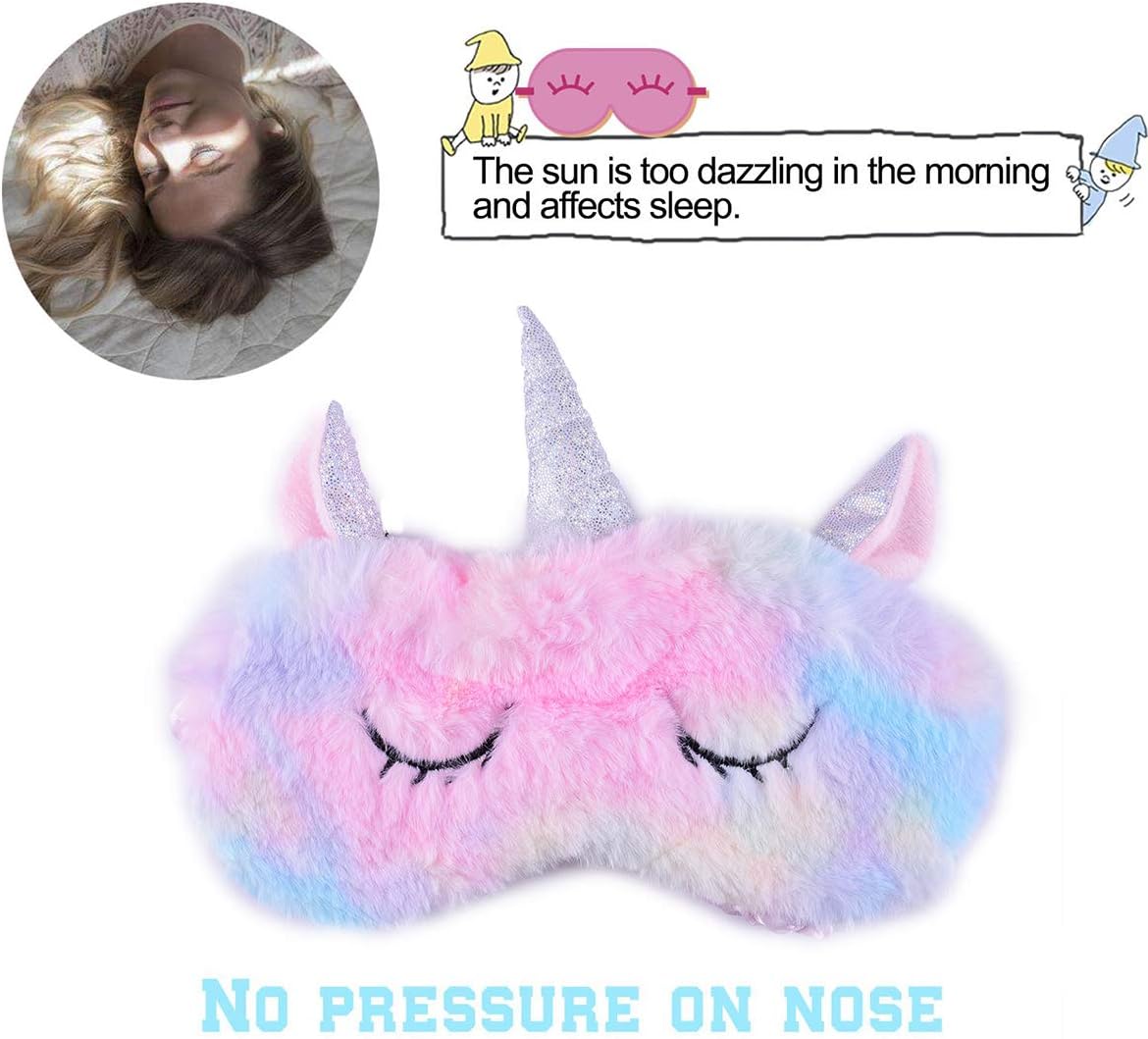 Ulbemoll Cute Unicorn Sleeping Mask, Soft Fluffy Plush Blindfold Funny Novelty Animal Sleep Mask Eye Cover Eyeshade for Kids Girls Boys Women Men Night Nap Travel Meditation (Rainbow, Unicorn)