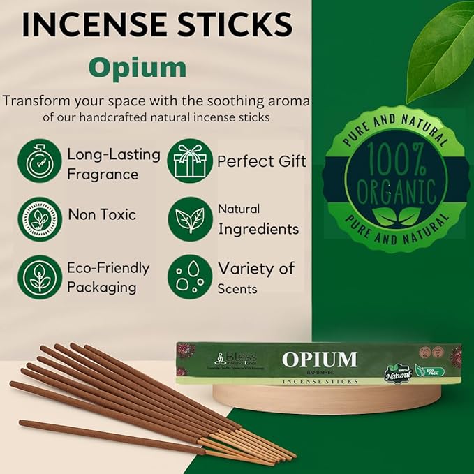 Bless-Opium 100%-Natural-Handmade-Hand-Dipped-Incense-Sticks Organic-Chemicals-Charcoal-Free Purification-Relaxation-Positivity-Yoga-Meditation Best-Woods-Scent (25 Sticks (1.4 OZ))