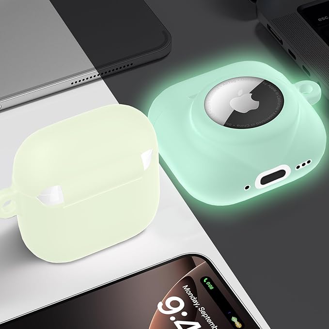 2 in 1 Silicone Case Compatible with AirPod 4 and AirTag, Shockproof Protective Skin Cover for AirPods 4th Generation with Cleaner Kit & Carabiner (Glow Green)