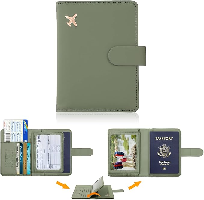 Cnycmy Passport-Wallet-Holder and Vaccine Card Slot, Rfid, Waterproof, PU Leather Travel Passport Case for Women/Men (Moss green)