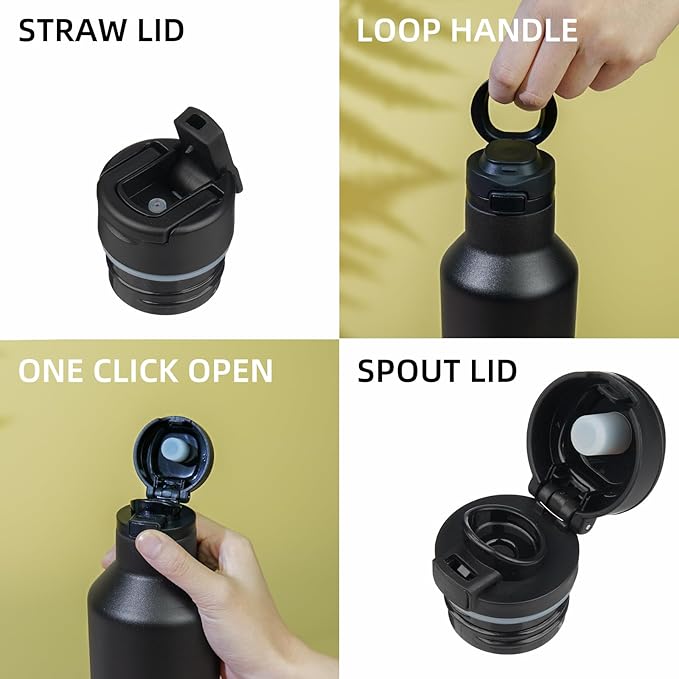 BJPKPK Insulated Water Bottle With Straw 25oz Stainless Steel Water Bottles With 2 Lids And Carry Handle Reusable Travel Metal Thermo,Black