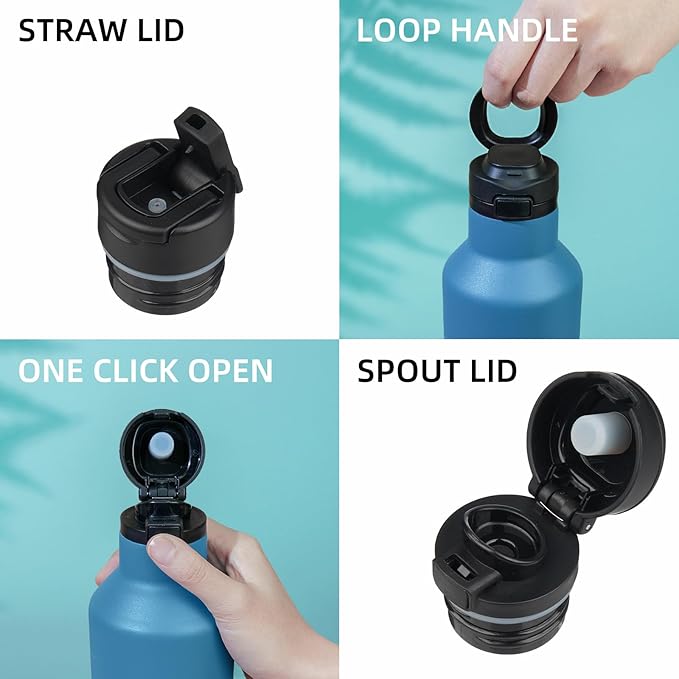 BJPKPK Insulated Water Bottle With Straw 17oz Stainless Steel Water Bottles With 2 Lids And Carry Handle Reusable Travel Metal Thermo,Sea Blue