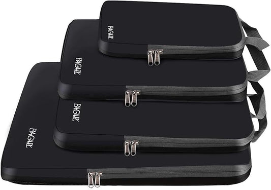 BAGAIL 4 Set/6 Set/8 Set Compression Packing Cubes Travel Accessories Expandable Packing Organizers (Cloth Pattern, 4-Black)