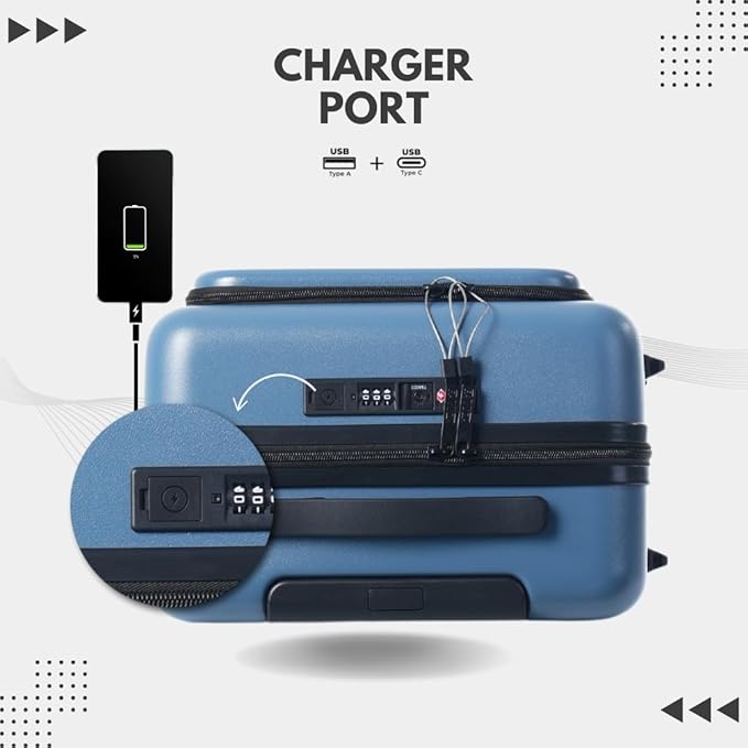 20-Inch Hardside Carry-On Luggage with Spinner Wheels – Airline Approved 22x14x9 Travel Suitcase with USB Port, Front Laptop Pocket & TSA Lock (Blue-Grey)