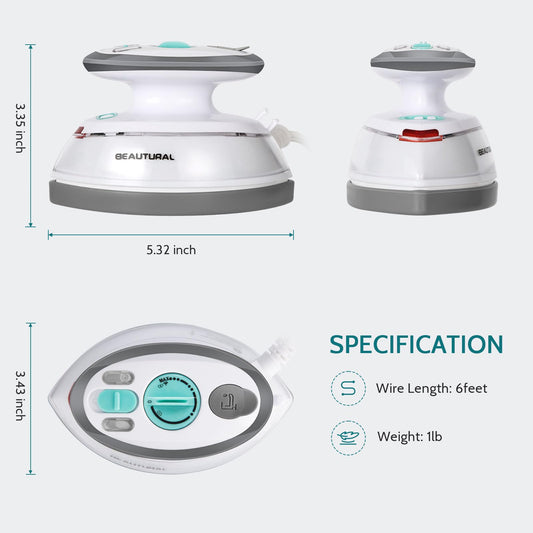 BEAUTURAL Mini Travel Steam Iron for Clothes with Dual Voltage, Non-Stick Soleplate, Anti-Slip Handle, Ideal for Sewing, Quilting and Handcraft