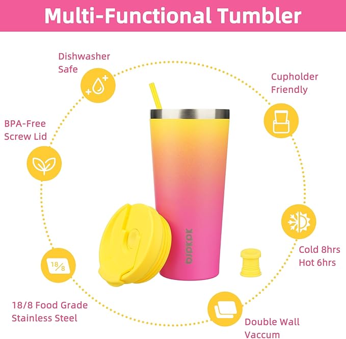 BJPKPK 22oz Stainless Steel Insulated Tumbler With lid And Straw Travel Coffee Thermal Tumblers Cup For Women And Men,Pink Yellow Rose