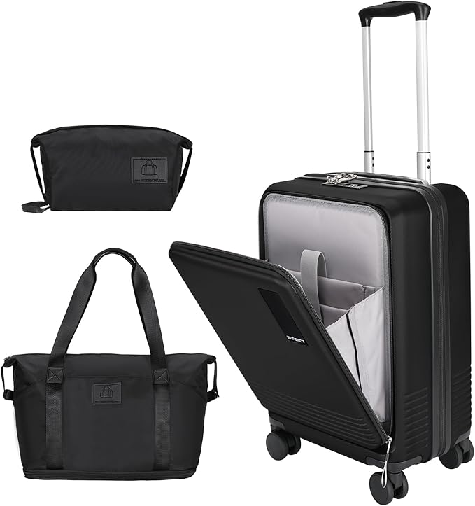 20 inch Small Carry On Luggage Front Open with Laptop Pocket, ABS+PC Hard Shell Suitcase with Spinner Wheels TSA Lock & YKK Zipper, 20in/Toiletry Bag/Handbag, Black