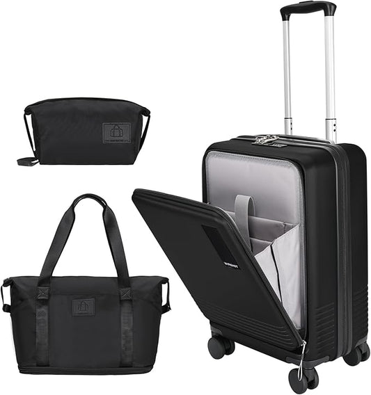 20 inch Small Carry On Luggage Front Open with Laptop Pocket, ABS+PC Hard Shell Suitcase with Spinner Wheels TSA Lock & YKK Zipper, 20in/Toiletry Bag/Handbag, Black
