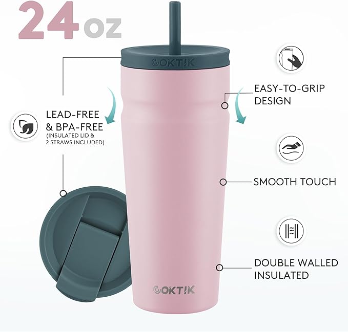 COKTIK 24oz Insulated Tumbler with Lid and Straw 2 Lids (Straw/Flip) Iced Coffee Cup Reusable Stainless Steel Travel Mug Water Bottle Cupholder Friendly for Women Men Her Him (Blush)
