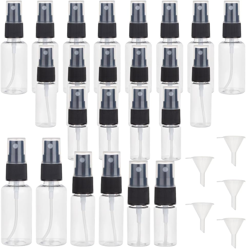 OLYCRAFT 120Pcs Plastic Travel Spray Bottles 0.3oz/10ml 0.7oz/20ml 1oz/30ml Mixed Capacity Mini Travel Bottle Set with 6pcs Funnels Refillable Liquid Containers for Essential Oils Toners Carrying