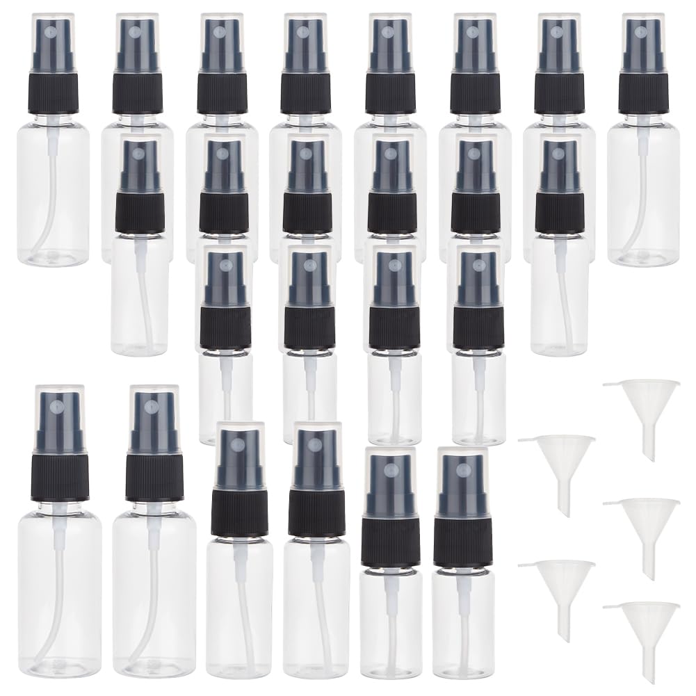 OLYCRAFT 120Pcs Plastic Travel Spray Bottles 0.3oz/10ml 0.7oz/20ml 1oz/30ml Mixed Capacity Mini Travel Bottle Set with 6pcs Funnels Refillable Liquid Containers for Essential Oils Toners Carrying