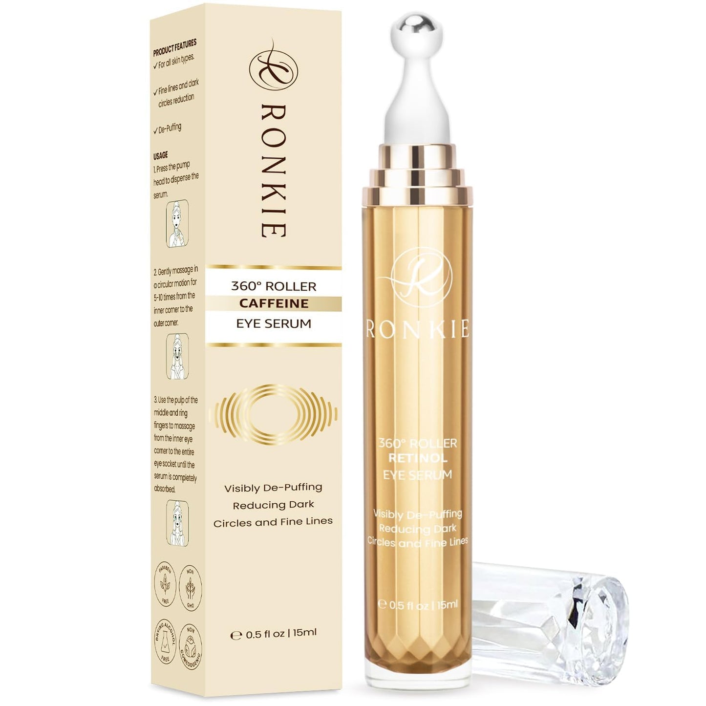RONKIE Eye Cream for Dark Circles: Under Eye Cream with Caffeine Retinol - Reduces Under Eye Bags and Fine Lines Gold