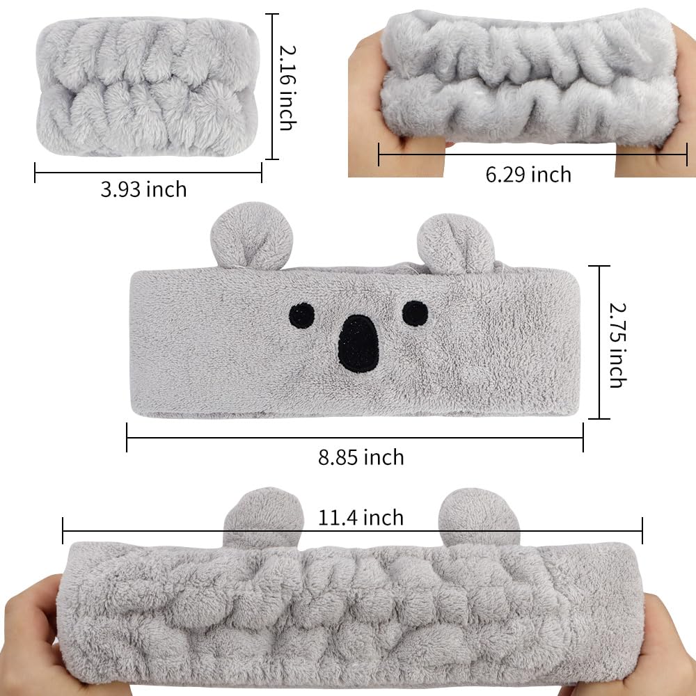 AHONEY Face Wash Headband and Wristband Set, Cute Makeup Spa Skincare Headbands Wrist Bands for Washing Face Headband for Women Girls Elastic Animal Hair Band (White&Grey)