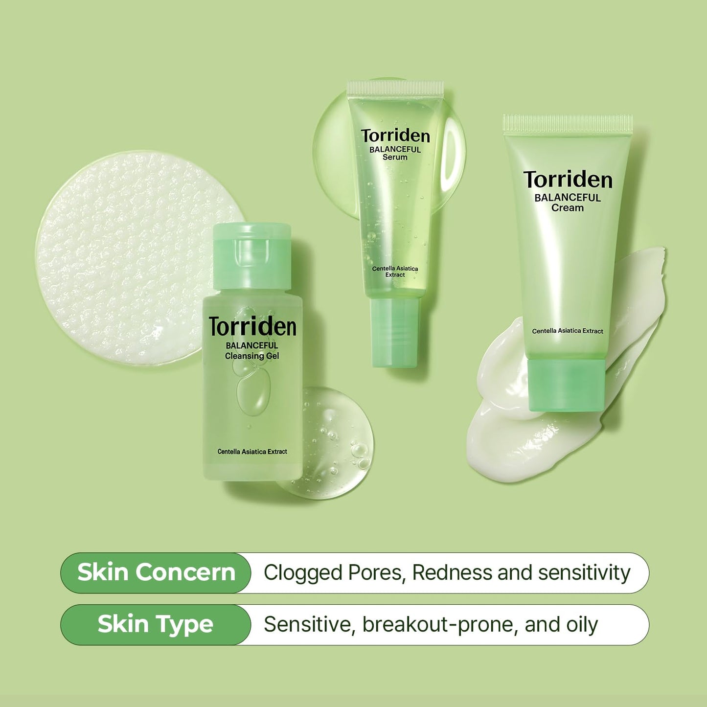 Torriden BALANCEFUL Cica Trial Kit, 5D Cica Infused Daily Skincare Kit - 4 Step Regimen with Cleansing Gel, Toner Pad, Serum, and Cream | Korean Skin Care Set