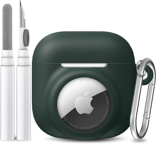 2 in 1 Silicone Case Compatible with AirPod 4 and AirTag, Shockproof Protective Skin Cover for AirPods 4th Generation with Cleaner Kit & Carabiner (Dark Green)