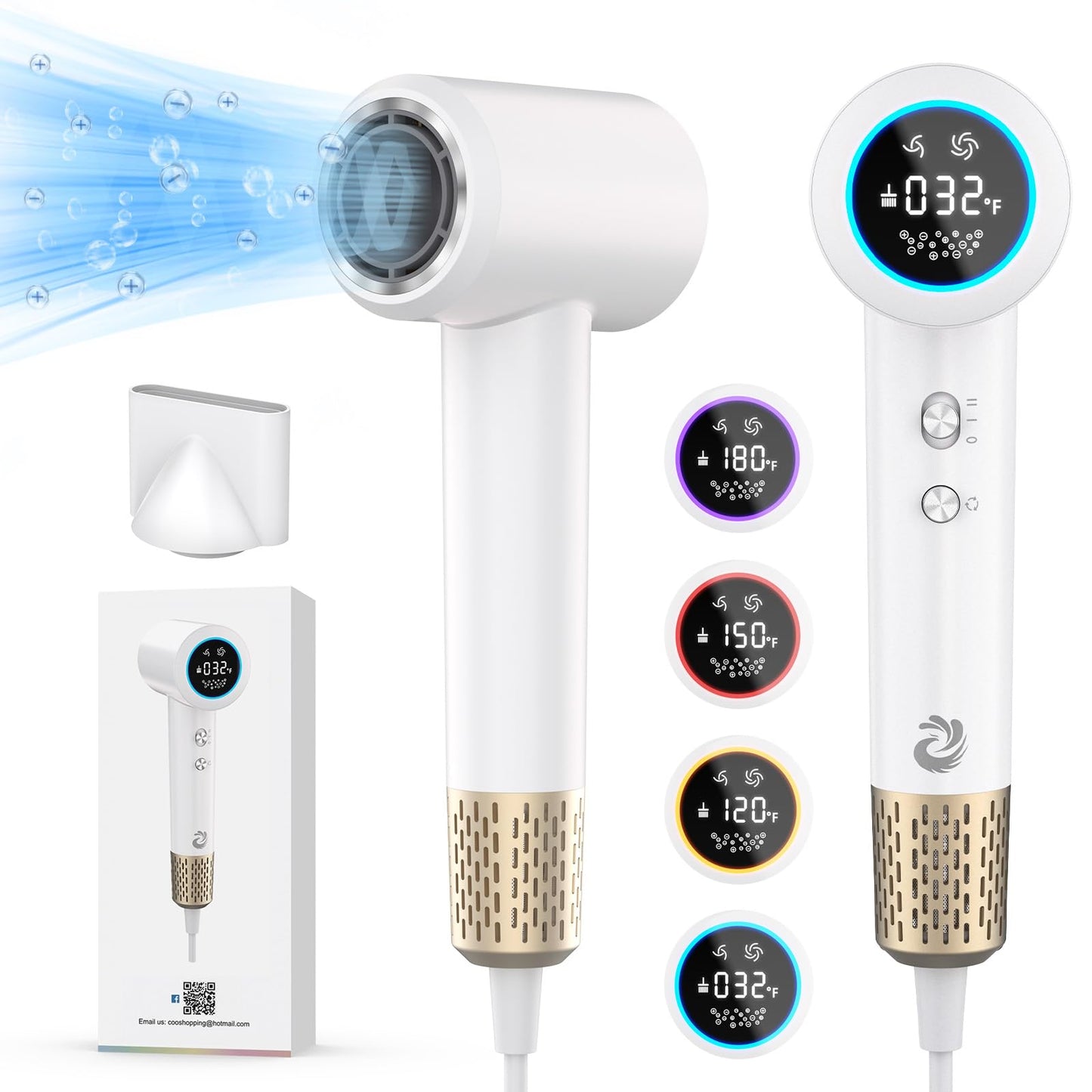 KARFUN Plasma Hair Dryer, 1500W High Speed Blow Dryer with Plasma Tech (Positive+Negative Ionic), LED Display, 5 Temps 2 Speed, Thermo-Control, Fast Drying Plasma Hairdryer for Home or Travel (White)