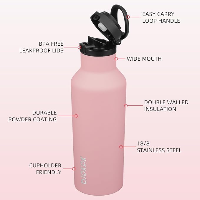 BJPKPK Insulated Water Bottle With Straw 17oz Stainless Steel Water Bottles With 2 Lids And Carry Handle Reusable Travel Metal Thermo,Light Pink