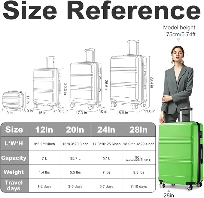 Kono 4 Piece Luggage Sets Expandable(only 28") Lightweight with Spinner Wheels TSA Lock Hardside Travel Rolling Suitcases 20in 24in 28in Carry on and 12in Mini Cosmetic Case Apple Green