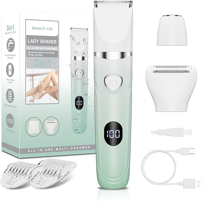 Bikini Trimmer for Women, 3-in-1 Painless Electric Razors for Silk Skin, Wet/Dry Body Hair Shaver for Face Nose Eyebrow Arms Armpit Legs Pubic Area, IPX7 Waterproof, Ceramic Blade