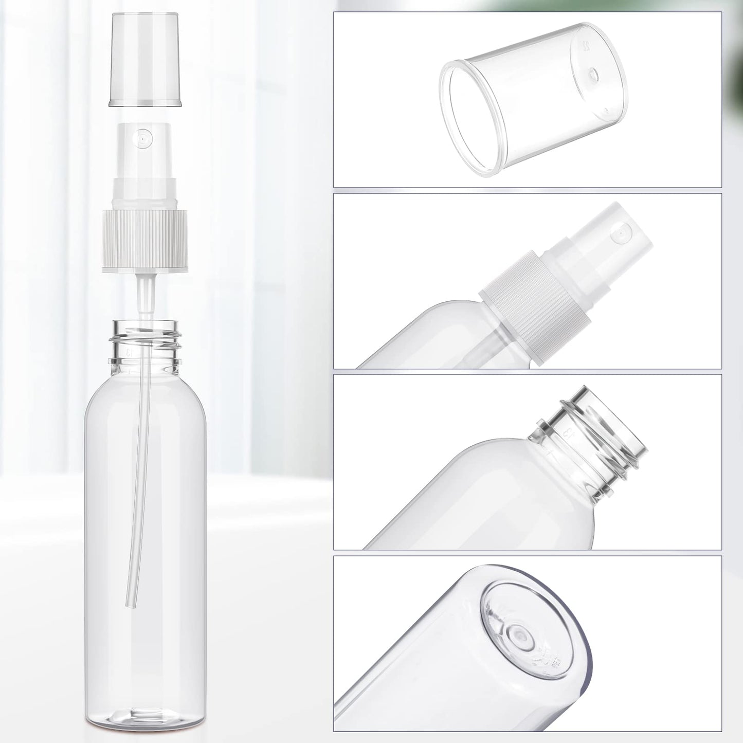 Nuogo 100 Pack 2 Oz Plastic Spray Bottles Reusable Mini Travel Size Perfume Refillable Mist Sprayer Empty Spritz Bottle for Household Use Essential Oil Cleaning(Clear)
