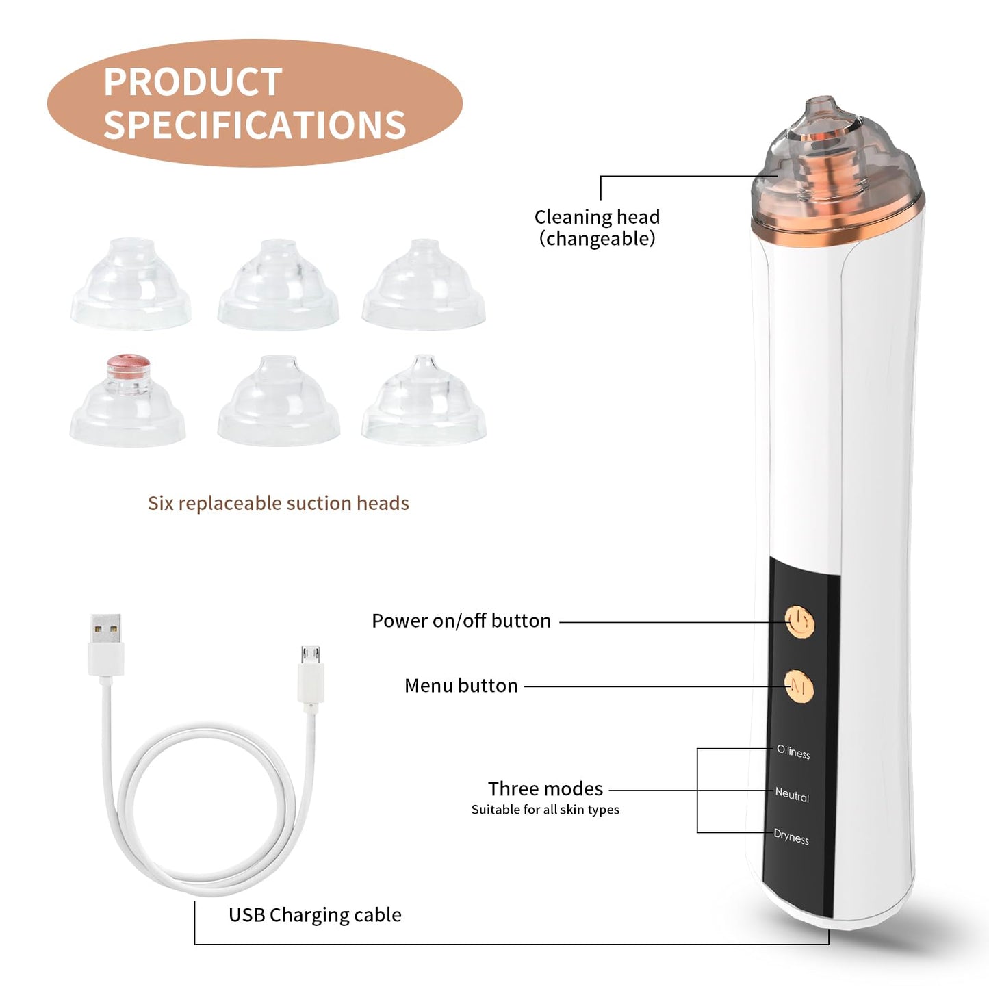 Blackhead Remover Pore Vacuum,Facial Pore Cleaner-6 Suction Power,3 Adjustable Suction Levels,USB Rechargeable Blackhead Vacuum Kit Electric Acne Extractor Tool for Women & Men (Off White)