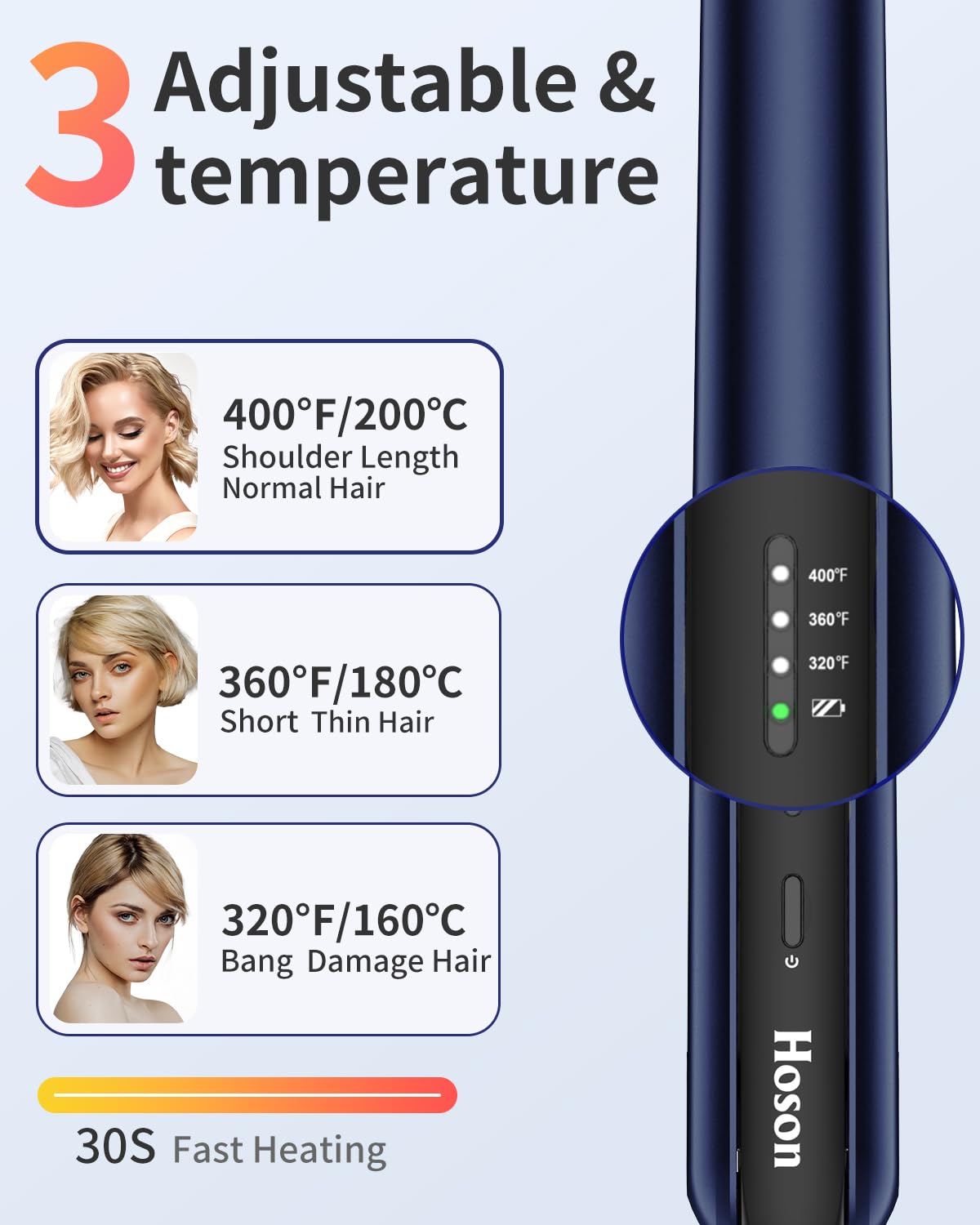 Hoson Cordless Hair Straightener,Portable Mini Flat Iron Travel for Bangs,Short Hair, Rechargeable Curling Iron and Curler 2 in 1,Blue,for Touch Ups