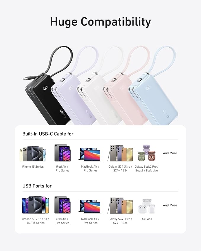 Anker Nano 3-in-1 Portable iPhone Charger, 10,000mAh Power Bank with Built-in USB-C Cable and Foldable Wall Plug, 30W Max Battery Pack, Travel Essentials for iPhone 16/15 Series, Galaxy, MacBook