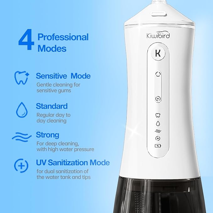 KIWIBIRD Water Dental Flosser Cordless with UVC Light, 3 Modes Portable Oral Irrigator, IPX7 Waterproof, 300ML Tank, Electric Teeth Cleaner for Tonsil Stones, Home & Travel Use (Black & White)