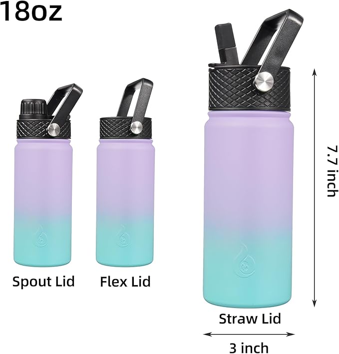 BJPKPK Insulated Water Bottles with Straw Lid, 18oz Stainless Steel Metal Water Bottle, Cold Hot Thermo with 3 Lids, Leak Proof BPA Free Travel Cup, Wide Mouth Flasks, Thermo -Lavender Green