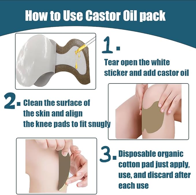 20pcs Castor Oil Patches for Knees, Castor Oil Pack Wrap, Specially Designed for Knees, Disposable Organic Cotton Self-Adhesive Sheet, 5.2x3.7in, No Wash(Without Essential Oils)