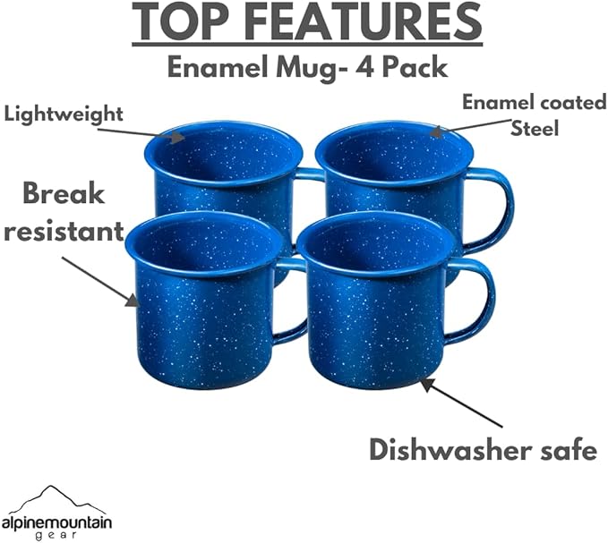 12 oz. Enamel Coffee Mug for Camping/Hiking, Durable Enamel Dishware, by Caddis Sports (12 Oz. (4 Pack))