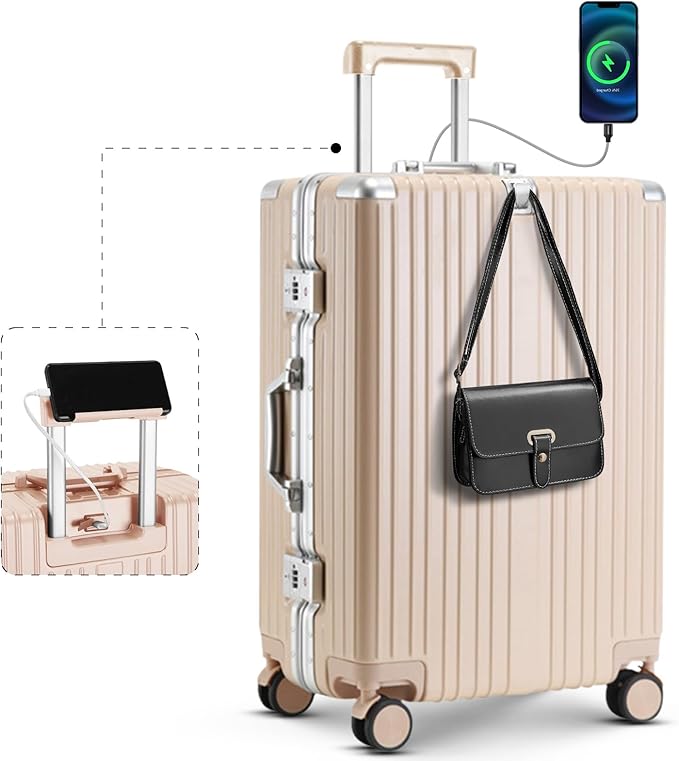 20 Inch Carry On Luggage Suitcase TSA Locks Approved Hardside Lightweight Suitcase With Cup Holder Carry-On Luggage With USB Port Zipperless Design Airline-Approved 360° 8 Double Spinner Wheels