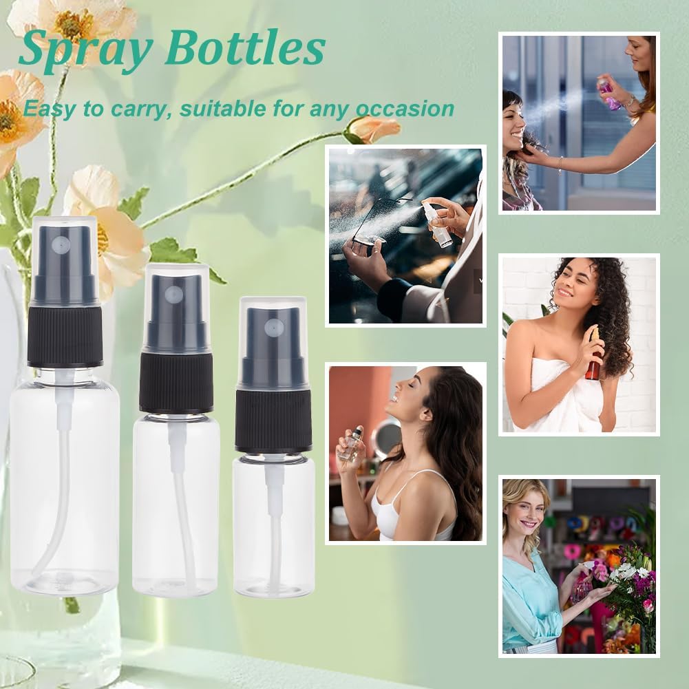 OLYCRAFT 120Pcs Plastic Travel Spray Bottles 0.3oz/10ml 0.7oz/20ml 1oz/30ml Mixed Capacity Mini Travel Bottle Set with 6pcs Funnels Refillable Liquid Containers for Essential Oils Toners Carrying