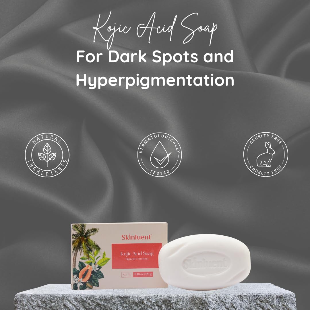 Skinluent Kojic Acid Soap for Dark Spots and Hyperpigmentation – Face & Body Bar for Uneven Skin Tone, and Age Spots, 4.4oz